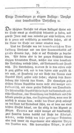 X. Einige Bemerkungen zu obigem Aufsazze: Vorzüge einer demokratischen Verfassung etc.