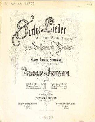 6 Lieder von Otto Roquette : für 1 Singstimme mit Pianoforte ; op. 35