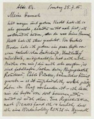 Brief von Raoul Hausmann an Hannah Höch. Berlin