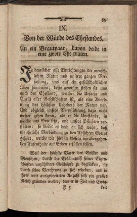 IX. Von der Würde des Ehestandes. An ein Brautpaar, davon beide in eine zwote Ehe traten.