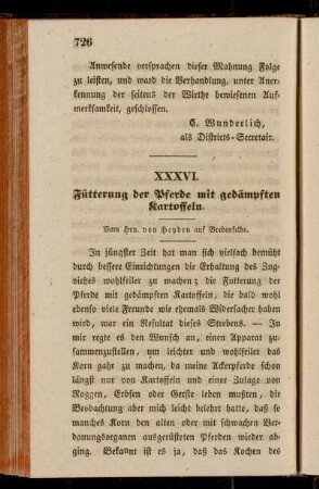 XXXVI. Fütterung der Pferde mit gedämpften Kartoffeln