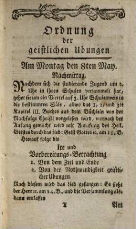Geistliche Uebung für die akademische Jugend zu Bamberg : gehalten vom 8ten bis den 14ten May einschlüssig 1780
