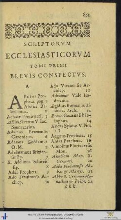 SCRIPTORUM ECCLESIASTICORUM TOMI PRIMI BREVIS CONSPECTUS