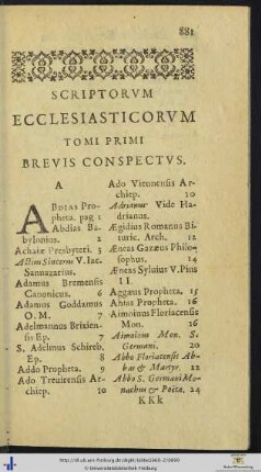 SCRIPTORUM ECCLESIASTICORUM TOMI PRIMI BREVIS CONSPECTUS