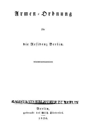 Armen-Ordnung für die Residenz Berlin