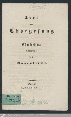 Text zum Chorgesang am Charfreitage Nachmittags in der Annenkirche