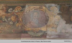 Innendekoration : Medaillons mit Porträts von Raffael, Michelangelo, Leonardo da Vinci und Andrea del Sarto