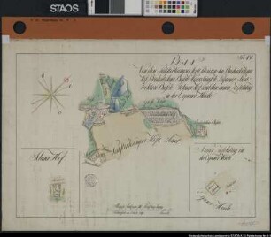 "Plan von den Palsterkamper Forstrevieren, den Bredenbohmshof, Bredenbohmsbusch, Hurrelmasch, Piqueurplatz, Fichtenbusch, Schierhof und den neuen Zuschlag in der Erpener Heide" bei Palsterkamp Schierhof und neuer Zuschlag in der Erpener Heide auf zwei Nebenzeichnungen Ausf.-Art: Farbige Zeichnung Herst.: Rausch Format: 45 x 65 cm Maßstab: 1 : 3000