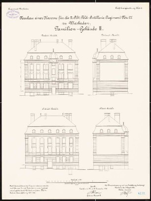 Artilleriekaserne II/27, Wiesbaden: Familienwohnhaus II: Aufriss Nordostansicht, Nordwestansicht, Südostansicht, Südwestansicht 1:100