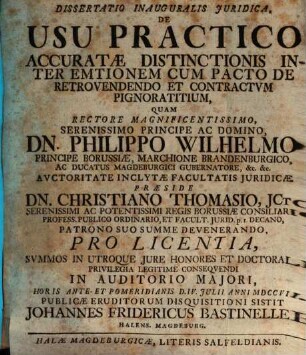 Diss. inaug. iur. de usu practico accuratae distinctionis inter emtionem cum pacto de retrovendendo et contractum pignoratitium