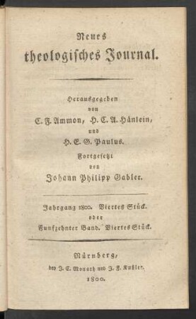 Jahrgang 1800. Viertes Stück. oder Funfzehnter Band. Viertes Stück