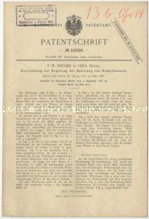 Patentschrift einer Einrichtung zur Regelung der Speisung von Dampfkessel, Patent-Nr. 40596