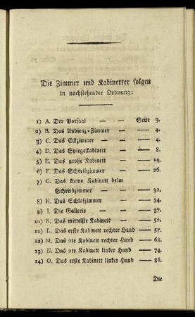 Die Zimmer und Kabinetter folgen in nachstehender Ordnung.