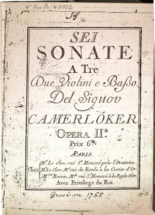 Sei sonate à tre : 2 violini e basso ; op. 2