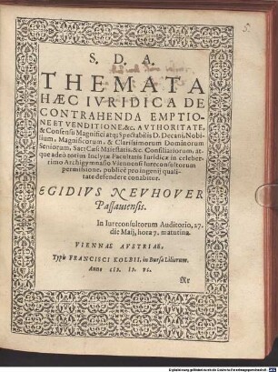 Themata haec iuridica de contrahenda emptione et venditione ... publice defendere conabitur