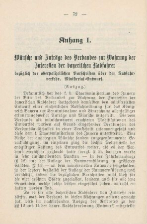 Anhang I. Wünsche und Anträge des Verbandes zur Wahrung der Interessen der bayerischen Radfahrer