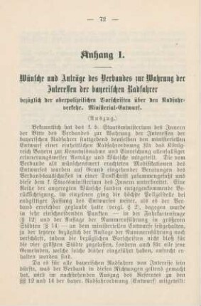Anhang I. Wünsche und Anträge des Verbandes zur Wahrung der Interessen der bayerischen Radfahrer