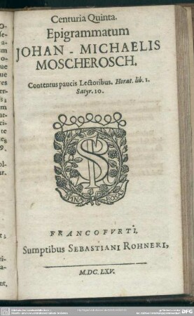 Centuria Quinta Epigrammatum Johan - Michaelis Moscherosch