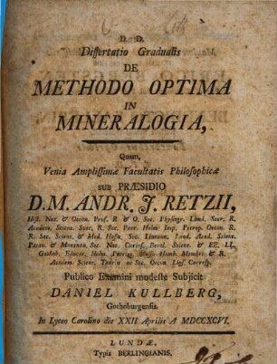 Dissertatio gradualis de methodo optima in mineralogia