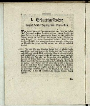 I. Geburtsgeschichte sammt vorhergegangenen Umständen.