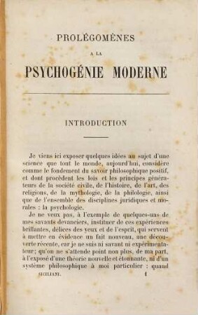 Prolégomènes à la psychogénie moderne par Pierre Siciliani, professeur de philosophie théorique ... à l'Université de Bologne : Traduit de l'italien par A. Herzen