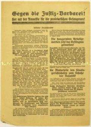 Flugblatt der KPD gegen die deutsche Justiz und Aufruf zum Kampf für die Amnestierung kommunistischer Gefangener