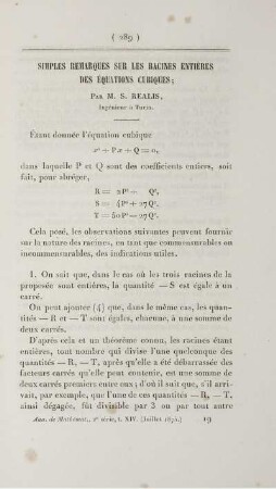 Simples remarques sur les racines entières des équations cubiques.