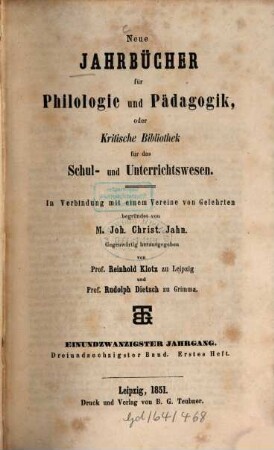 Neue Jahrbücher für Philologie und Pädagogik. 63 = Jg. 21. 1851