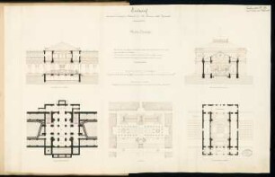 Orangerie mit Speisesaal Monatskonkurrenz Januar 1877: Lageplan, Grundriss Keller, Obergeschoss, 2 Querschnitte (durch die Orangerie und durch den Speisesaal); 2 Maßstabsleisten, Erläuterungstext