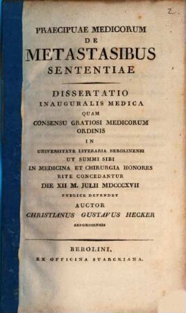 Praecipuae medicorum de metastasibus sententiae : Dissertatio inauguralis medica