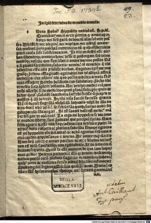Epistula de remedio amoris : an Hippolytus Mediolanensis, Wien 31.12. »millesimo.cccc.octua.ii.«