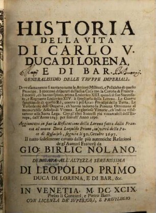 Historia della vita di Carlo V, duca di Lorena e di Bar