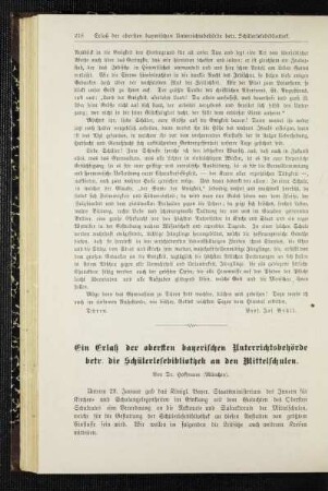 ¬Ein¬ Erlaß der obersten bayerischen Unterrichtsbehörde betr. die Schülerlesebibliohtek an den Mittelschulen
