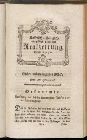 Sieben und zwanzigstes Stück; Den 2ten Heumonat. Wien, 1776.