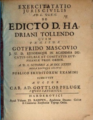 Exercitatio iur. ad L. ult. C. de edicto D. Hadriani tollendo