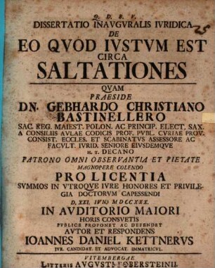 Dissertatio Inauguralis Iuridica De Eo Quod Iustum Est Circa Saltationes