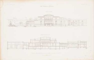 Villa Eichborn, Breslau: Ansicht von der Gartenseite, Längsschnitt P Q (aus: Atlas zur Zeitschrift für Bauwesen, hrsg. v. G. Erbkam, Jg. 7, 1857)