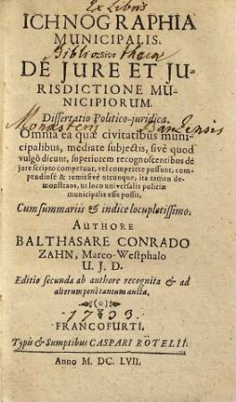 Ichnographia municipalis, Sive de iure et iurisdictione municipiorum, Dissertatio Politico-iuridica