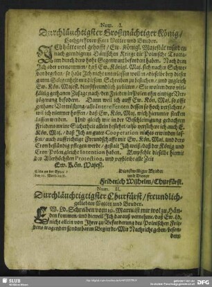 Num. I. Durchläuchtigster Großmächtigster König, ...