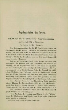 Bericht über die siebenundzwanzigste Generalversammlung vom 24. Juni 1892 in Sigmaringen