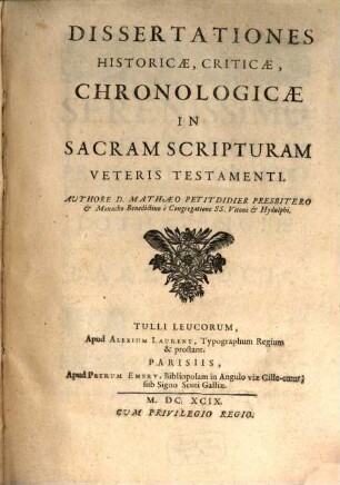 Dissertationes historicae, criticae, chronologicae in sacram scripturam veteris Testamenti