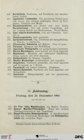 IV. Auktionstag: Freitag, den 23. Dezember 1904, von 10 Uhr ab (Nr. 578-787)
