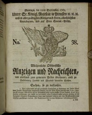 No. 38. Montags, den 21ten September, 1761.