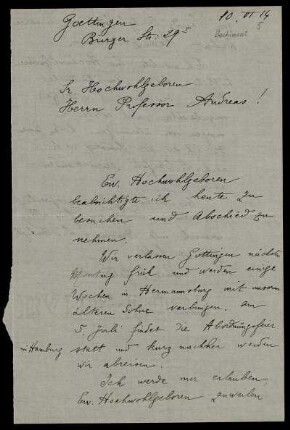 Nr.  Brief von Georg Bachimont an Friedrich Carl Andreas, Göttingen, 10.6.1914