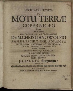 Disputatio Physica De Motu Terrae Copernicaeo
