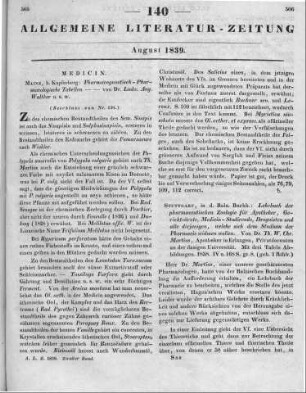 Martius, T. W. C.: Lehrbuch der pharmaceutischen Zoologie für Apotheker, Gerichtsärzte, Medicin-Studirende, Droguisten und alle diejenigen, welche sich dem Studium der Pharmacie widmen wollen. Stuttgart: Balz 1838