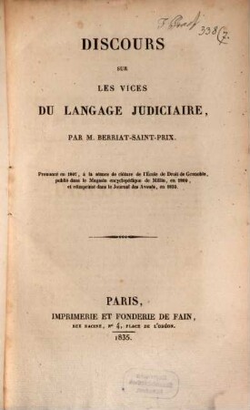 Discours sur les vices du langage judiciaire