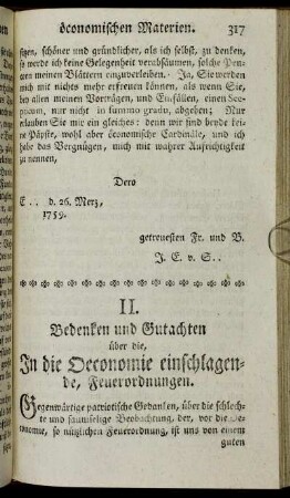 II. Bedenken und Gutachten über die, In der Oeconomie einschlagende, Feuerordnungen.