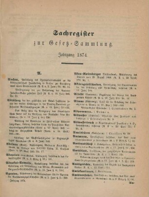 Sachregister zur Gesetz-Sammlung. Jahrgang 1874