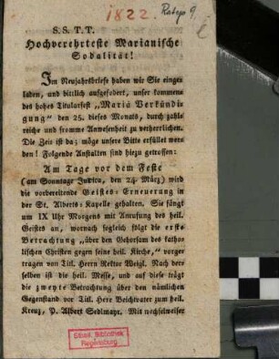 S.S.T.T. Hochverehrteste Marianische Sodalität! Im Neujahrsbriefe haben wir Sie eingeladen ...